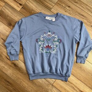 Vintage Blue Embroidered Floral Cottagecore Granny Sweatshirt Small‎ 80s 90s Art